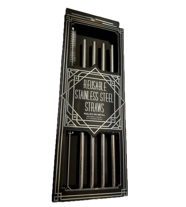 Pack Of Four Stainless Steel Straws And Brush Set - Reusable Metal